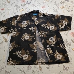 Paradise Blue 100% Silk Hawaiian Shirt XL Black Floral Button Front